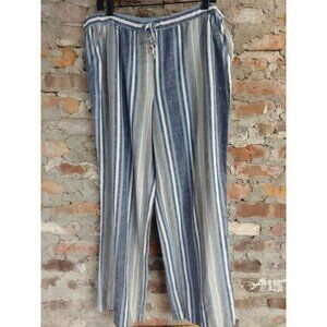 Counterparts Linen Blend Pants Womens Sz XL Blue Stripes Elastic Waistband Z